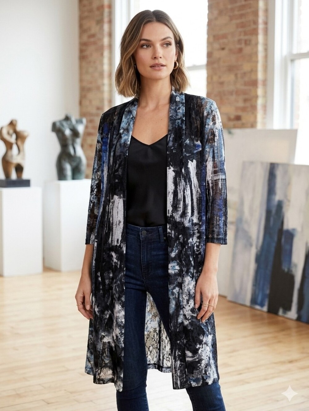 Lace Blue Black Abstract Art Print Open Front Duster Long Cardigan Sz M